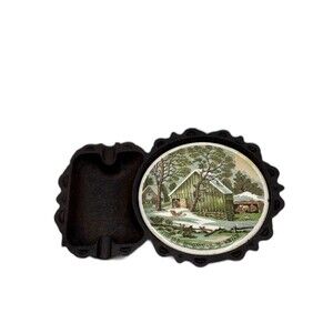 Vintage Cast Iron Ashtray/Coaster Japan 1950's/60's The Old Homestead In Winter